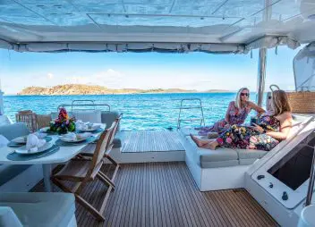 catamaran charter dining area Liquid Zen